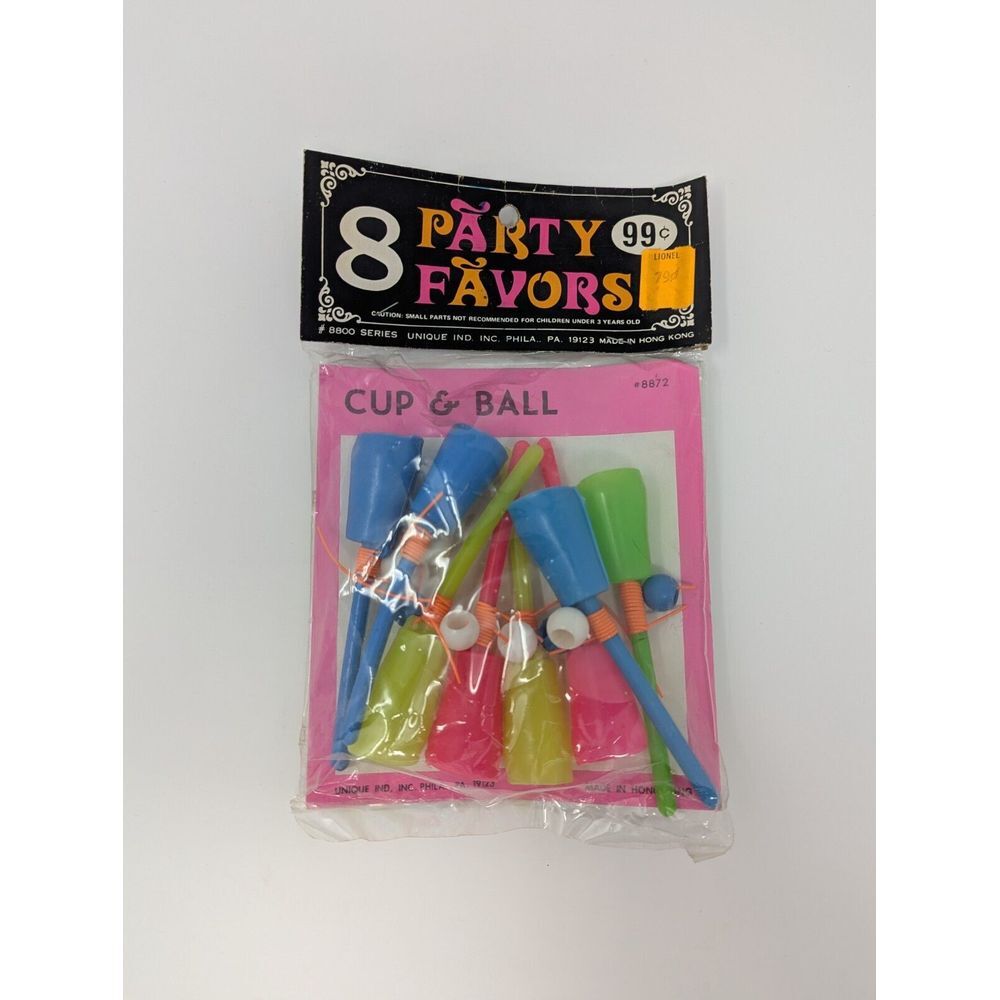 Vintage Party Favors Cup & Ball NEW In Package 8 In Set Unique Industries Neon